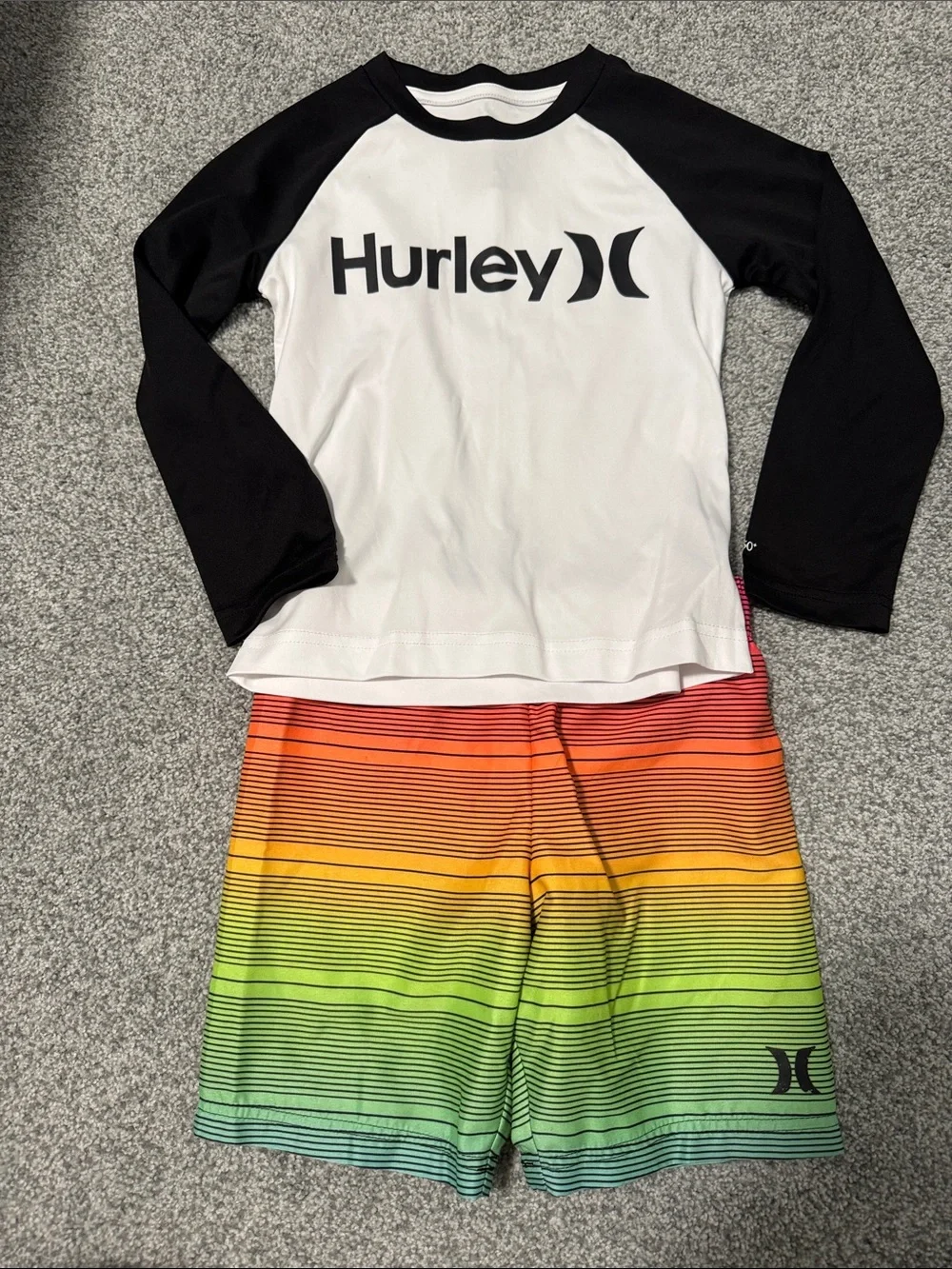 Hurley Black & White Rash Guard with Rainbow Stripe Swim Shorts